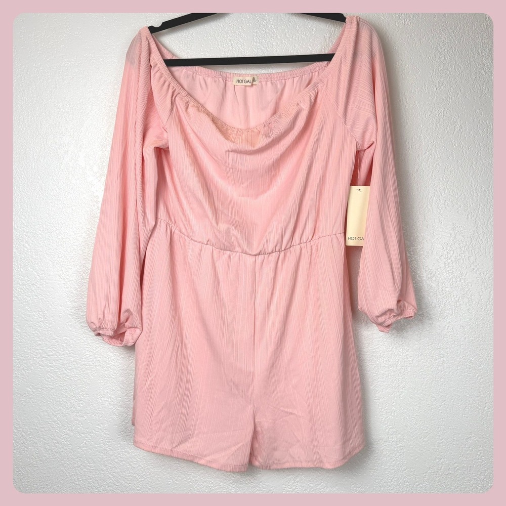 HOT GAL‎ Coquette Girl Girlhood Core Pink Ribbed Off Shoulder Long Sleeve Romper